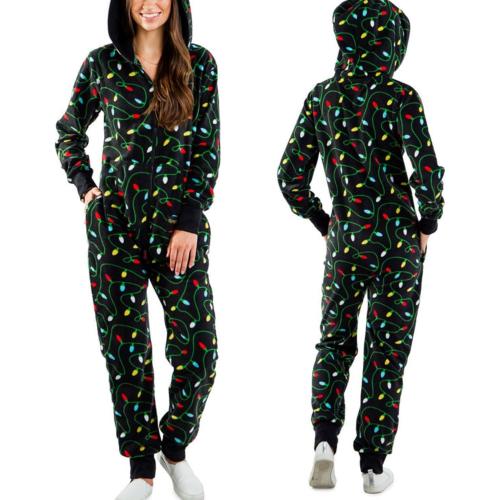 Size L/XL...Women Hooded Fleece Pajamas 3D Printed Christmas Sleepwear 1-Piece Jumpsuit Homewear Romper