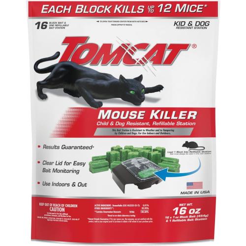 Tomcat Mouse Killer Child and Dog Resistant, Refillable Station for Indoor and Outdoor, 1 Station and 16 Poison Block Refills