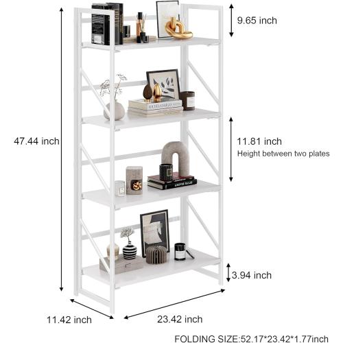 JSB No Assembly Folding Bookshelf, 4 Tier Industrial Metal Book Shelf for Storage, Vintage Wood Foldable Bookcase for Living Room, Bedroom, Office Organization Shelves