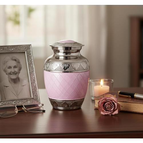 Size 6 Color Pink eSplanade Metal Cremation Urn Memorial Jar Pot Container | Medium Size Urn for Funeral Ashes Burial | Engraved Metal Urn | Pink - 6 Inches
