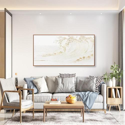 White and Gold Wall Art Small Size Framed Home Artwork Decor Hand Painted White wave with golden embellishments Modern Canvas Painting For Living Room Decor For Bedroom Office Wall Decor