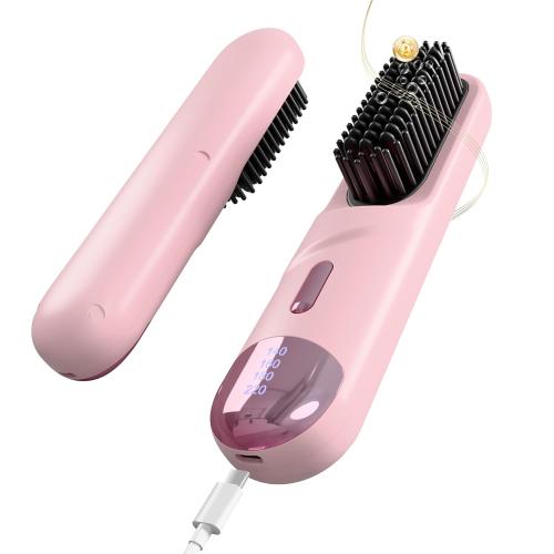 Cordless Hair Straightener Brush 300 Million Negative Ionic Portable Hair Straightener Comb for Women with 4 Temps Fast Heating MCH Ceramic Coating Smooth Frizz - Free Hair Black