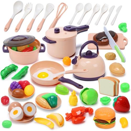 CUTE STONE 51-Piece Mini Play Kitchen Accessories for Kids, Pretend Cooking Playset with Pots, Pans, Utensils, Cutting Fun Fruits & Veggies, Learning Gift for Toddlers, Girls & Boys