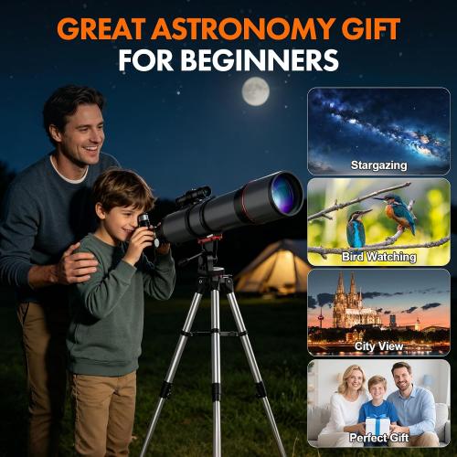 Aurosports Telescope for Adults High Powered - 90mm Aperture 800mm Portable Refractor Telescope for Adults Astronomy Beginners & Kids with Tripod Phone Adapter Carrying Bag