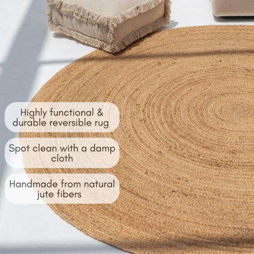 FRELISH DECOR Handwoven Jute Area Rug - 5 feet Round - Natural Yarn - Rustic Vintage Beige Braided Reversible Rug - Eco Friendly Rugs for Bedroom - Kitchen - Living Room - Farmhouse (5' Round)