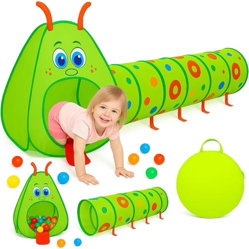 Kiddey Caterpillar Kids Play Tunnel & Tent – Toddler Crawl Tunnel   Play Tent, Pop-Up Indoor/Outdoor Ball Pit Playset (Balls Not Included), Folds Flat for Storage