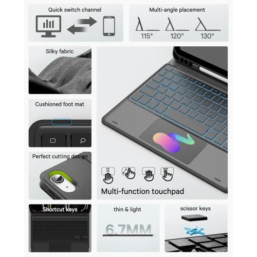 Color Black  for iPad 10th Generation Case with Keyboard, 7 Color Backlight, Multi-Touch Trackpad, Flip Stand Case with Pencil Holder, 2 Wireless Channels for iPad (A16) 11th/10th Gen (2025/2022), Black