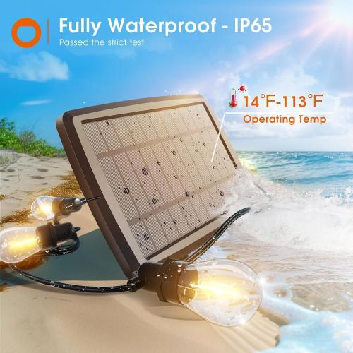 Black addlon 54FT Solar String Lights Outdoor Waterproof with USB Charging & Remote Control - Dimmable Solar Power Patio Lights with 26 LED Bulbs for Porch, Garden, Yard, Market, Bistro - Lasts 20  Hrs