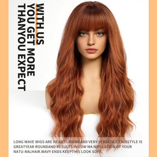 Orange Wigs with Bangs,Ginger Long Wavy Wig for Women,Long Curly Synthetic Hair Wig for Party Daily Use 24IN