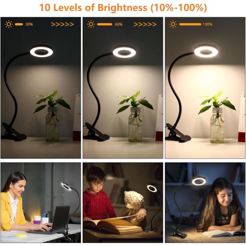 Desk Clip on Lamp for Reading Home Office, 10 Dimmable Brightness 3 Modes, Clamp Light for Bed Headboard