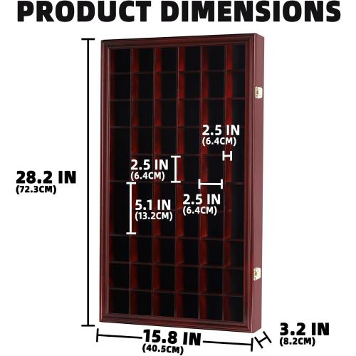 Shot Glass Display Case Cabinet Wall Rack Holder Shadow Box Lockable with UV Protection Acrylic Glass Door Shot Glass Collection Display with 56 Slots (Cherry Finish)