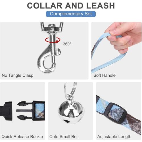 EXPAWLORER Classic Plaid Puppy Harness - Small Dog Collar and Leash with AirTag Holder Case - Soft Mesh Padded Adjustable Dog Vest Harness No Pull, Reflective Escape Proof for Outdoor, Blue XS