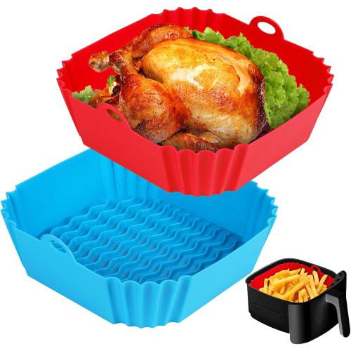 2 PCS Square Silicone Air Fryer Liners - 8 Inch Reusable Air Fryer Pot - Air Fryer Accessories - Air Fryer Inserts for 4 to 7 QT Oven Microwave Accessories (Red   Blue)