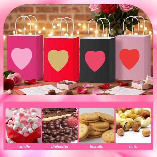 Eaasty 12 Pcs Valentine's Day Gift Bags with 3D Heart Honeycomb Large Galentines Gift Bag with Handle Colorful Kraft Paper Bags Heart Goodie Candy Tote for Valentines Wedding Party Favors Supplies