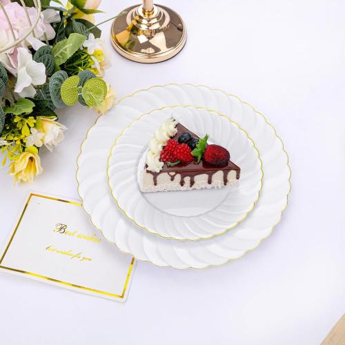 U-QE 100 Pieces Gold Plastic Plates - Premium White Plastic Plates for Party, Wedding and Daily Use Including 50PCS 9 '' Plastic Dinner Plates & 50PCS 6.5 '' Plastic Dessert Plates