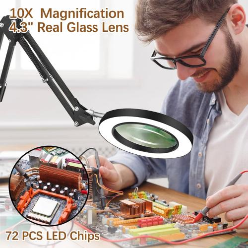 10X Magnifying Glass with Light and Clamp, Magnifier with Light Hands Free3 Color Modes Stepless Dimmable, 72 LEDs Real Glass Lens Magnifying Lamp for Close Work, Repair, Reading, Craft