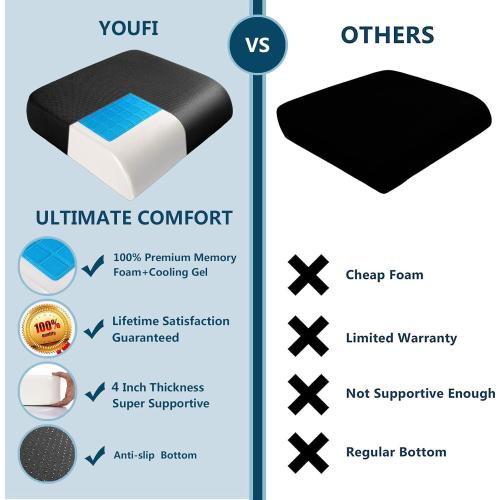 Extra Thick Large Seat Cushion -big Gel Memory Foam Cushion with Carry Handle Non Slip Bottom - Pain Relief Coccyx Cushion for Wheelchair Office Chair (Black (1PACK))