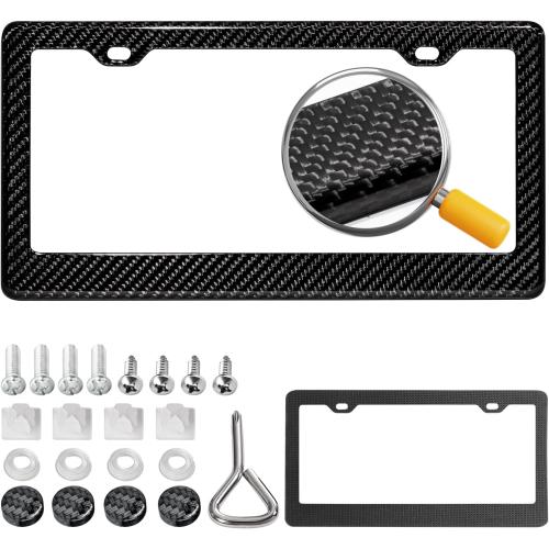 Real Carbon Fiber License Plate Frame, 100% Pure Carbon Fiber Frame, Black License Plate Holder Cover with Screw Caps, Anti-Vibration Pads, (Twill 2 Hole)