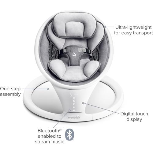 Munchkin Electric Baby Swing, Portable and Lightweight, Bluetooth Enabled Infant Rocker with Natural Sway in 5 Ranges of Motion, Newborn Nursery Essentials, White/Grey