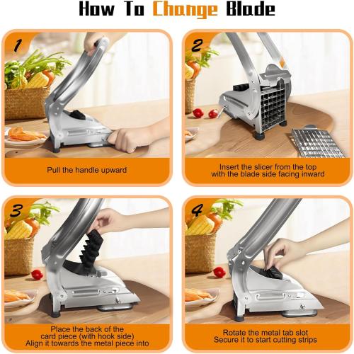 French Fry Cutter, Stainless Steel Potato Cutter, Potato Slicer, Includes 2 Blade Size Cutter Options and No-Slip Suction Base, Perfect for use with Air Fryer