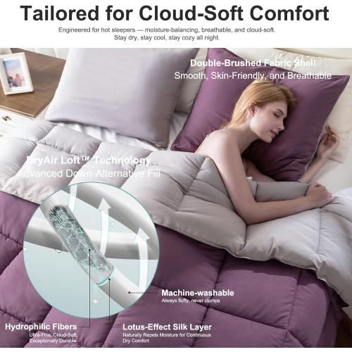 KASENTEX Queen Comforter Set – Reversible Dual Color – Goose Down Alternative – Ultra-Soft, Lightweight, Machine Washable, Maintain Fluffiness, All Season Warmth (Grape Jam/Gull)