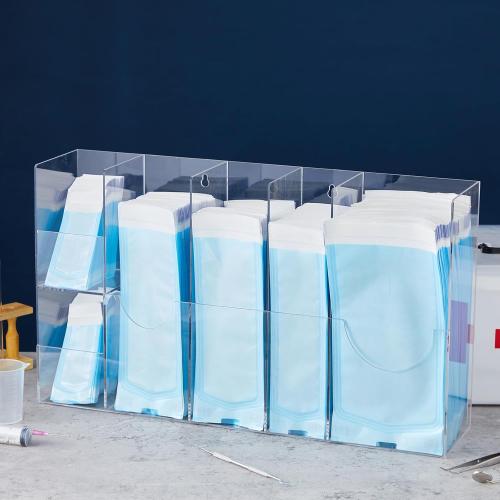 Leinuosen Clear Acrylic Sterilization Pouches Dispenser Rack Organizer Multi-Sized 6 Divided Stations Wall Mount Holder for All Size Sterilization Pouches