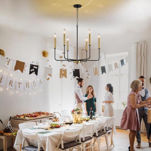 HOXIYA DIMMABLE Plug in Chandelier with Cord 25.6, Black and Gold 6 Light Modern Farmhouse Chandelier for Dining Room, Rustic Retro Hanging Ceiling Lighting Pendant Light Outdoor Gazebo Porch Bedroom