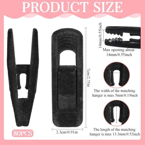 Black Velvet Hangers Clips, 80 Pack Strong Finger Clips Velvet Pants Hanger Velvets Clip Skirt Hanger Clip for Thin Velvets Clothes Suit Hangers