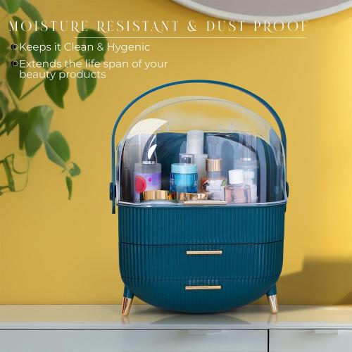 Color Green Makeup Cosmetic Organizer Box with Drawer Storage - Plastic Oval Storage Organizer with Turn Lock, Large Capacity for Women’s Skincare and Beauty Products (Green)