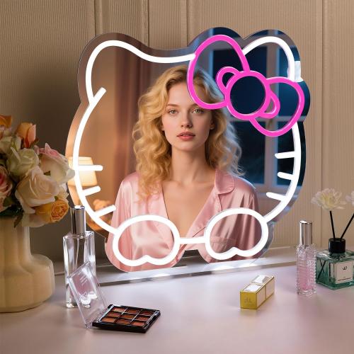 Anime Mirror Decor Light Up Mirror with Base Neon Sign for Wall Decor Girls Room Decor is A to Satisfy Girls Vanity USB Powered Dimmable Anime Decor Neon Mirror (13.8 * 13.6 inch)