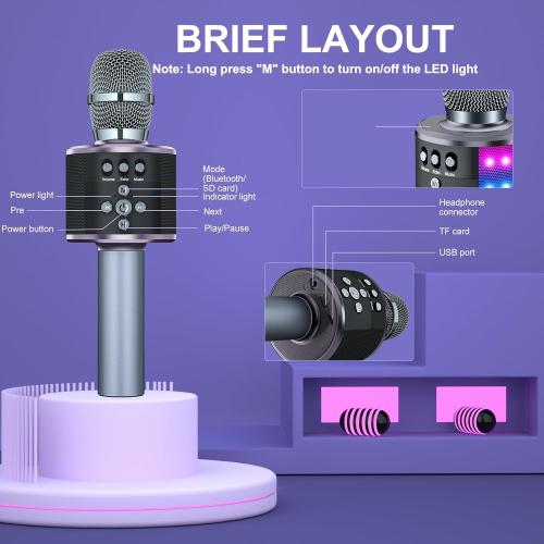 BONAOK Karaoke Microphone for Kids & Adults - Bluetooth Microphones Singing Mic with Disco Lights, Echo Effect, Built-in Speaker Portable Karaoke Player for Party Travel Gifts Q78(Space Gary)