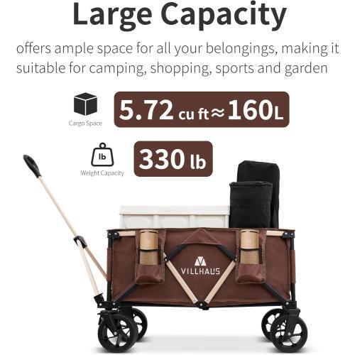 VILLHAUS Collapsible Folding Wagon Cart, 330 lbs, 5.7 cu.ft Capacity Outdoor Utility with 6.8 Removable Wheels