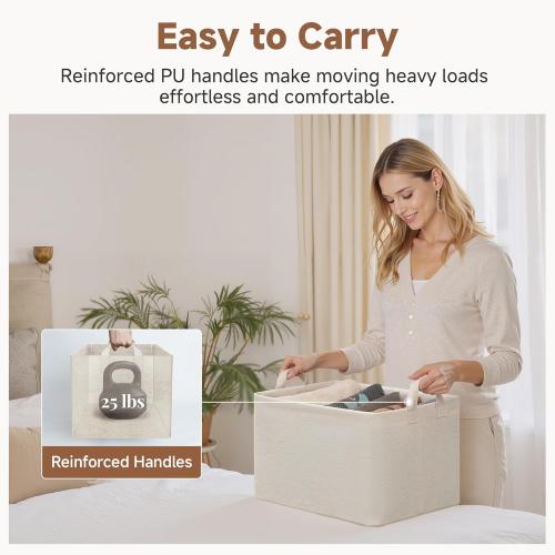 StorageWorks Storage Bins, Shelves Baskets for Organizing, Large Fabric Closet Organizers with Handles, Metal Frame, Beige-Cotton-linen, 2-Pack