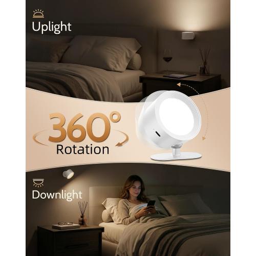 LED Wall Mounted Lights, Rechargeable Wall Sconces, 3 Color Temps, Remote & Touch, 360° Rotating and Dimmable for Bedroom, Bedside & Reading (White, 2 Pack)
