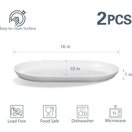 ONEMORE 16 Inch Ceramic Serving Plates for Entertaining, Set of 2 Large Oval Dinner Plates- Dishwasher Oven Safe Serving Tray for Food Meat Fish Parties- Porcelain Thanksgiving Turkey Platters - White