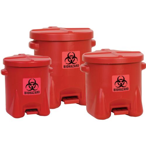 Eagle 6 Gallon Biohazard Trash Can with Foot-Operated Self-Closing Lid, 16.5 x 13.5 x 16, Made in The USA from High-Density Polyethylene, Red, 943BIO