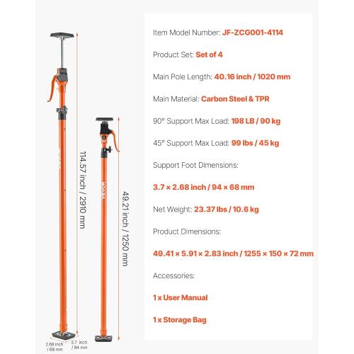 VEVOR Cabinet Jack Support Pole, 4-Pack, 49.2-114.6 Inch Steel Telescopic Quick Support Rod, Adjustable 3rd Hand System up to 198 lbs Capacity for Installing Cabinets, Lifting Drywall, Cargo Bars