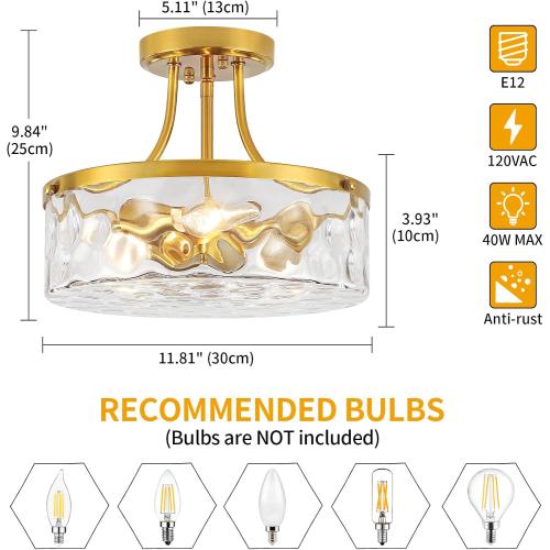Brushed Gold Semi Flush Mount Ceiling Light Hammered Glass Light Fixture