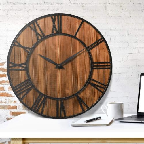Tangkula 25.6  Inch Round Wall Clock, Farmhouse Large Wall Clock with Roman Numerals, Come with AA Battery, Wooden Rustic Clock Hanging for Home Office (Bronze Brown)