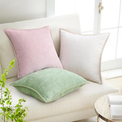 decorUhome Spring Chenille Soft Cozy Throw Pillow Covers 22x22 Set of 2, Modern Farmhouse Boho Velvet Decorative Euro Sham Pillow Cases with Stitched Edge for Couch Sofa Bed Home Decor, Cream White