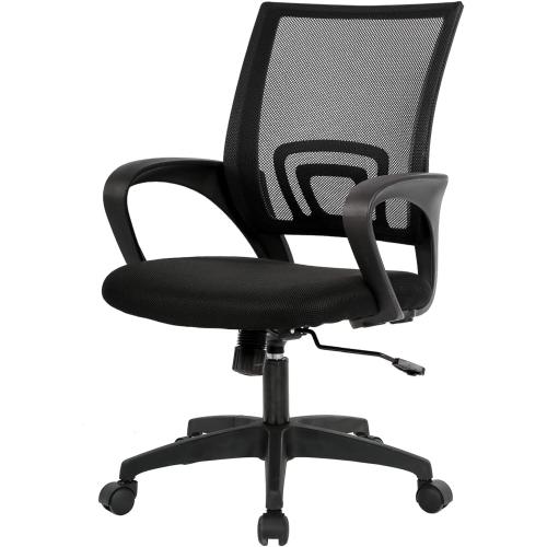 BestOffice | Ergonomic Office Chair | Mid-Back Swivel Desk Chair | Breathable Backrest & Lumbar Support | Adjustable Height | Sponge Seat | Rolling Wheels | Dark Black | for Adults & Women