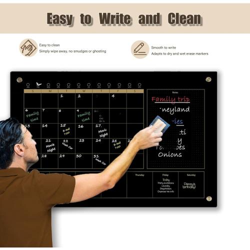 Size Large Color Black Glass 3-1 Monthly Dry Erase Calendar Whiteboard for Wall Frameless Mounting,Office/School/Home, Frameless Large Planner White Board