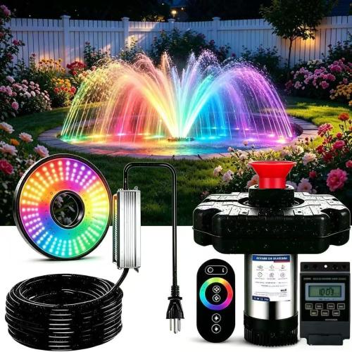 Pond Fountain Aerator,Pond Aerator,with Dynamic LED RGB Lighting Adjustable Modes, Digital Timer | 1 HP 15,000 GPH, 750W 110V, 100FT Cord - for Large Ponds, Lakes & Outdoor Water Features
