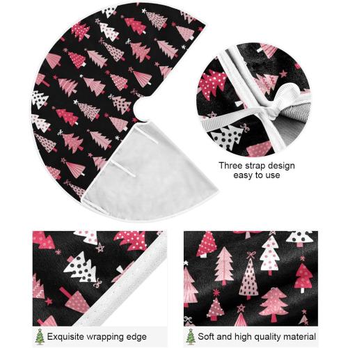 Black Pink Tree Theme Christmas Tree Skirt 36 in Winter Xmas Tree Mat Decoration Holiday Party Supply for Indoor Outdoor Home Office Ornament
