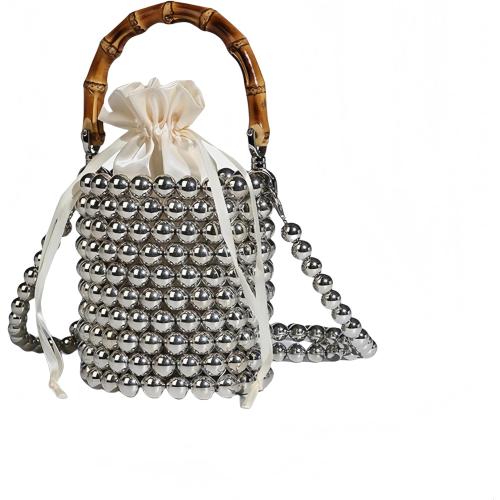 Women's Pearl Beaded Bag Natural Bamboo Handle Purse Handbag for Summer Vacation and Formal Evening Prom
