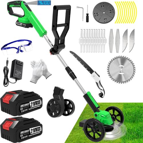 Color Green Electric Cordless Weed Wacker Eater Battery Powered, Lightweight No-String Weed Trimmer with 2 21V/2Ah Battery Operated&5 Types Blade&Wheels, Grass Trimmer/Edger Lawn Tool/Brush Cutter for Garden Yard