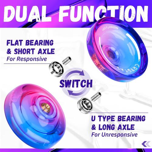 MAGICYOYO K2 Crystal Responsive Yoyo for Kids 8-12, Professional Fingerspin Trick YoYo for Advanced, Dual Purpose Mode with Unresponsive Bearing 12 Yo yo Strings Yo-yo Case Bag (Pink Purple Gradient)