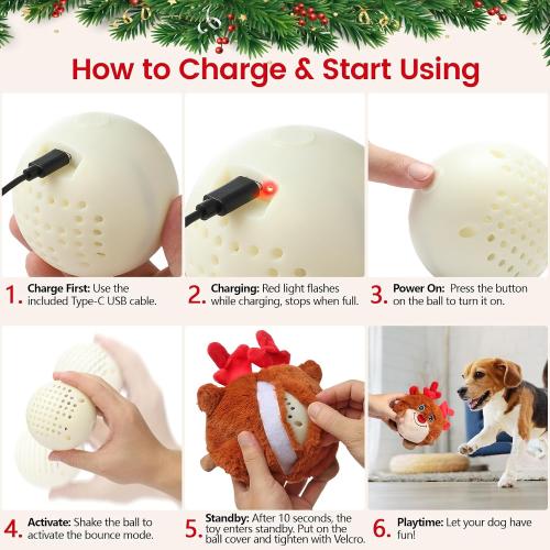 Senneny Christmas Dog Toys, Interactive Dog Toys Reindeer, Random Path Electric Automatic Moving and Rolling Dogs Toy, Motion-Activated Dog Ball with Plush Cover USB Rechargeable