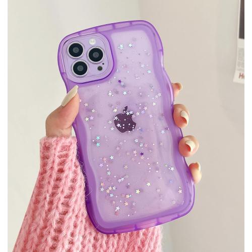 Qokey for iPhone 14 Pro Max Case 6.7, Curly Wave Design Transparent Bling Glitter Shiny Cute Clear Transparent Full Protection Soft TPU Shockproof Phone Cover(Purple)