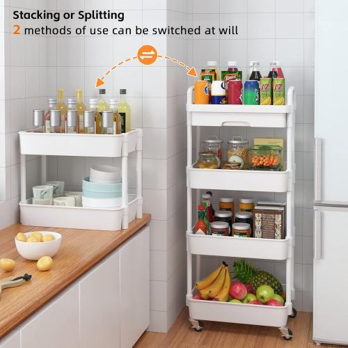 Calmootey 4-Tier Rolling Utility Cart with Drawer,Multifunctional Storage Organizer with Plastic Shelf & Metal Wheel,Storage Cart for Kitchen,Bathroom,Living Room,Office,White